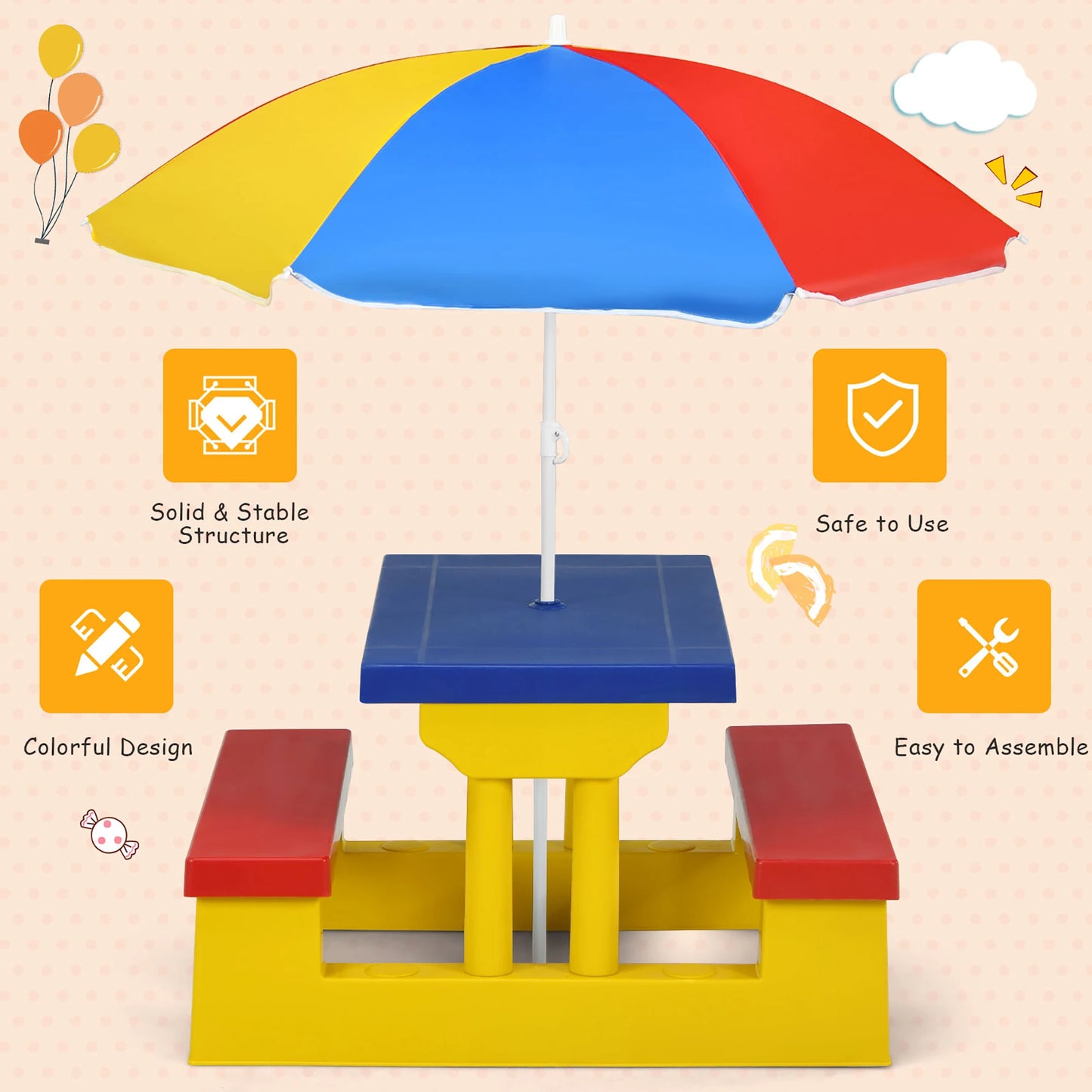 Homasishi Kids Picnic Table With Removable Umbrella Outdoor