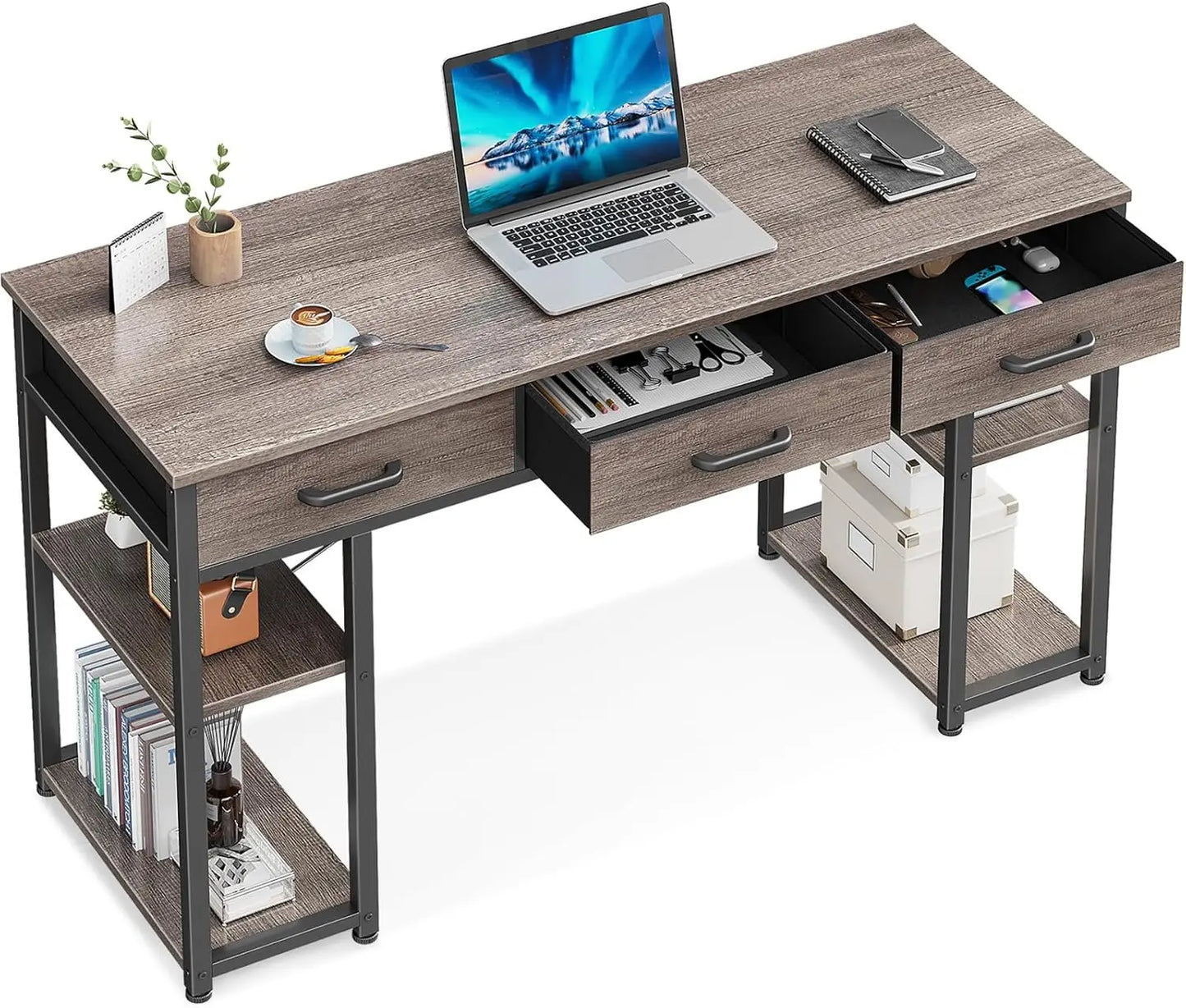 Small Office Computer Desk With Fabric Drawers And Shelves