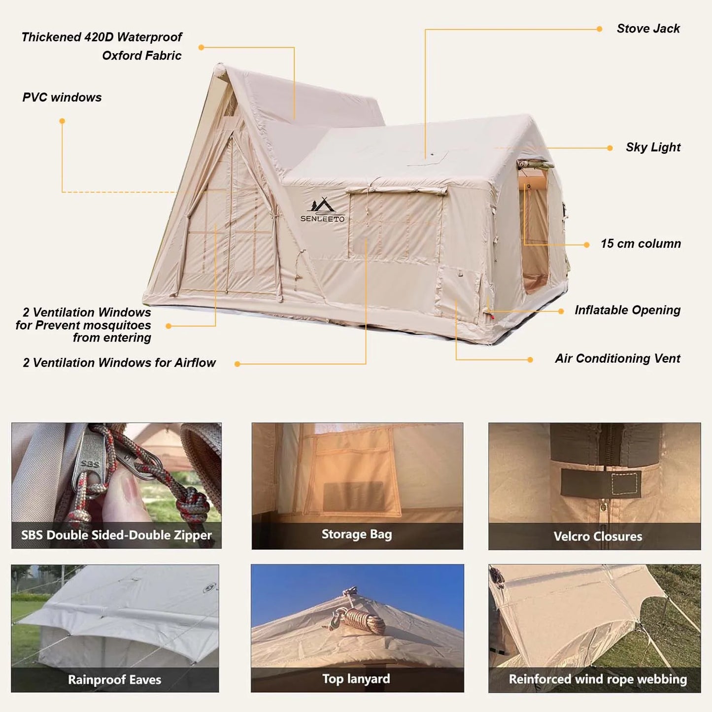 Inflatable Camping Tent With TPU Skylight Mesh Windows And Pump
