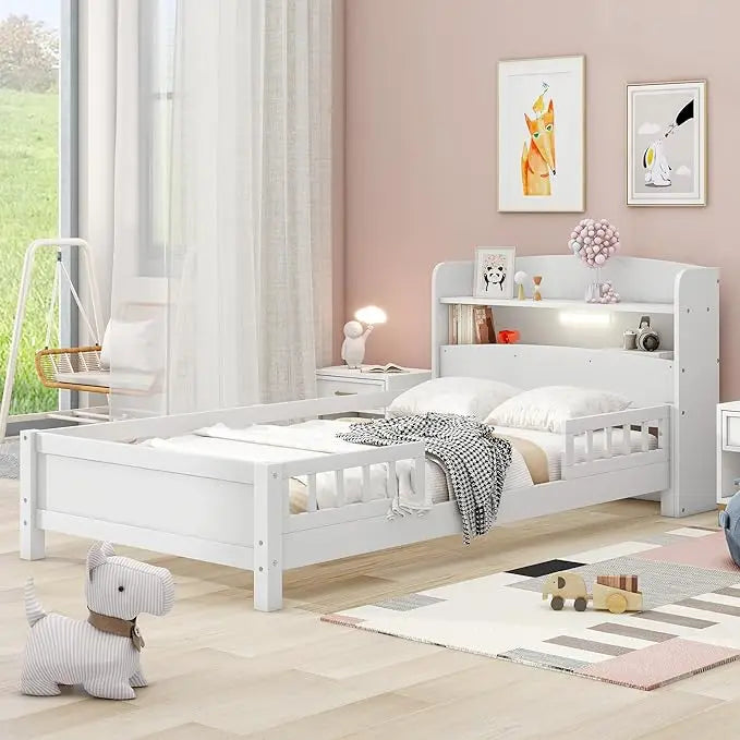 Kids Twin Bed With Guardrails And Drawers Pine Wood Frame