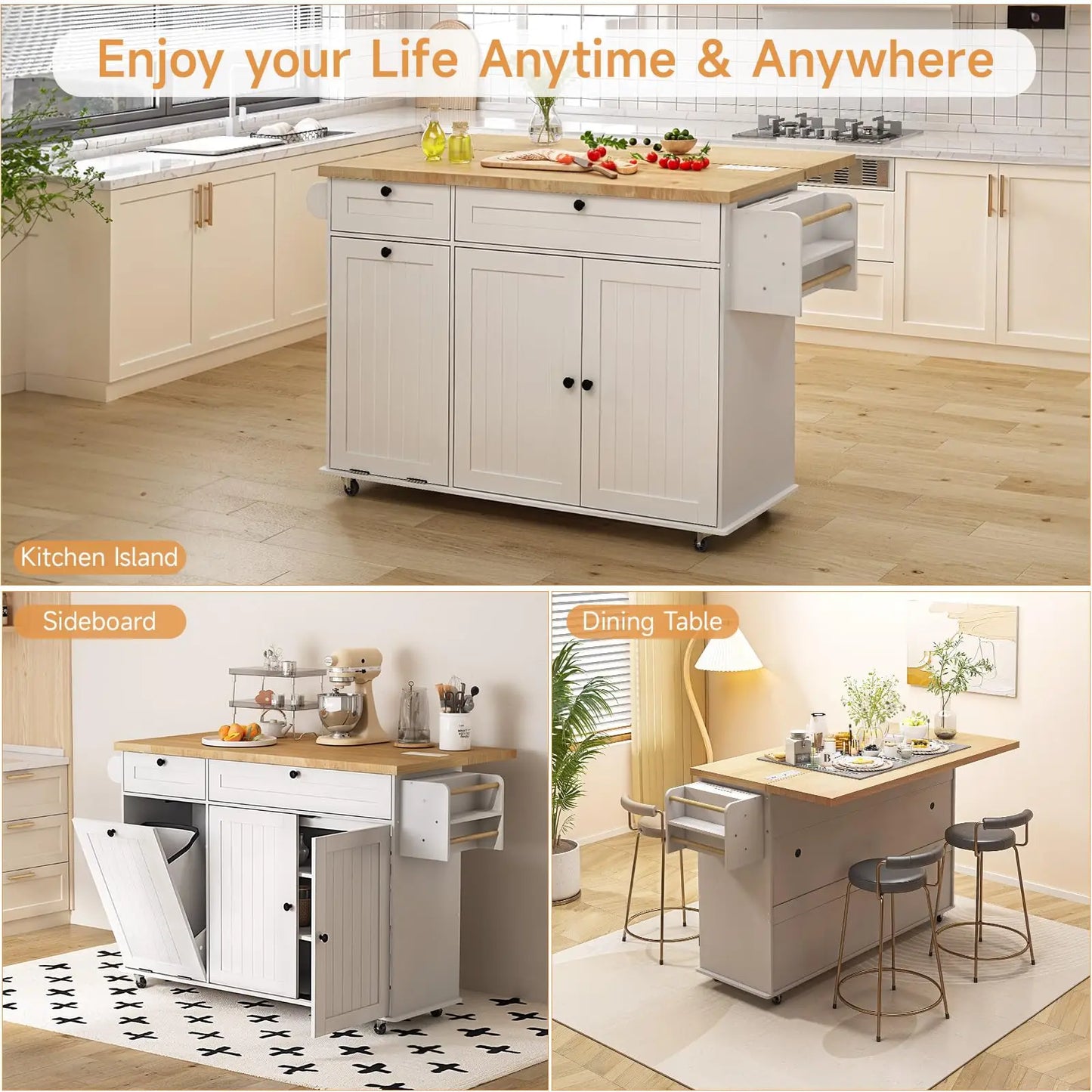 ONBRILL Mobile Kitchen Island With Power Outlet Towel Rack