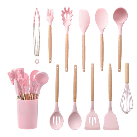 Silicone Kitchen Utensil Set With Wooden Handles Nonstick Spatulas