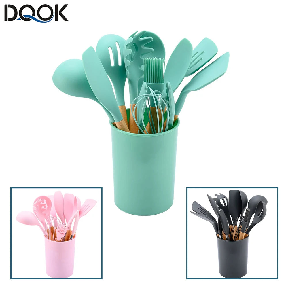 Silicone Kitchen Utensil Set With Wooden Handles Nonstick Spatulas