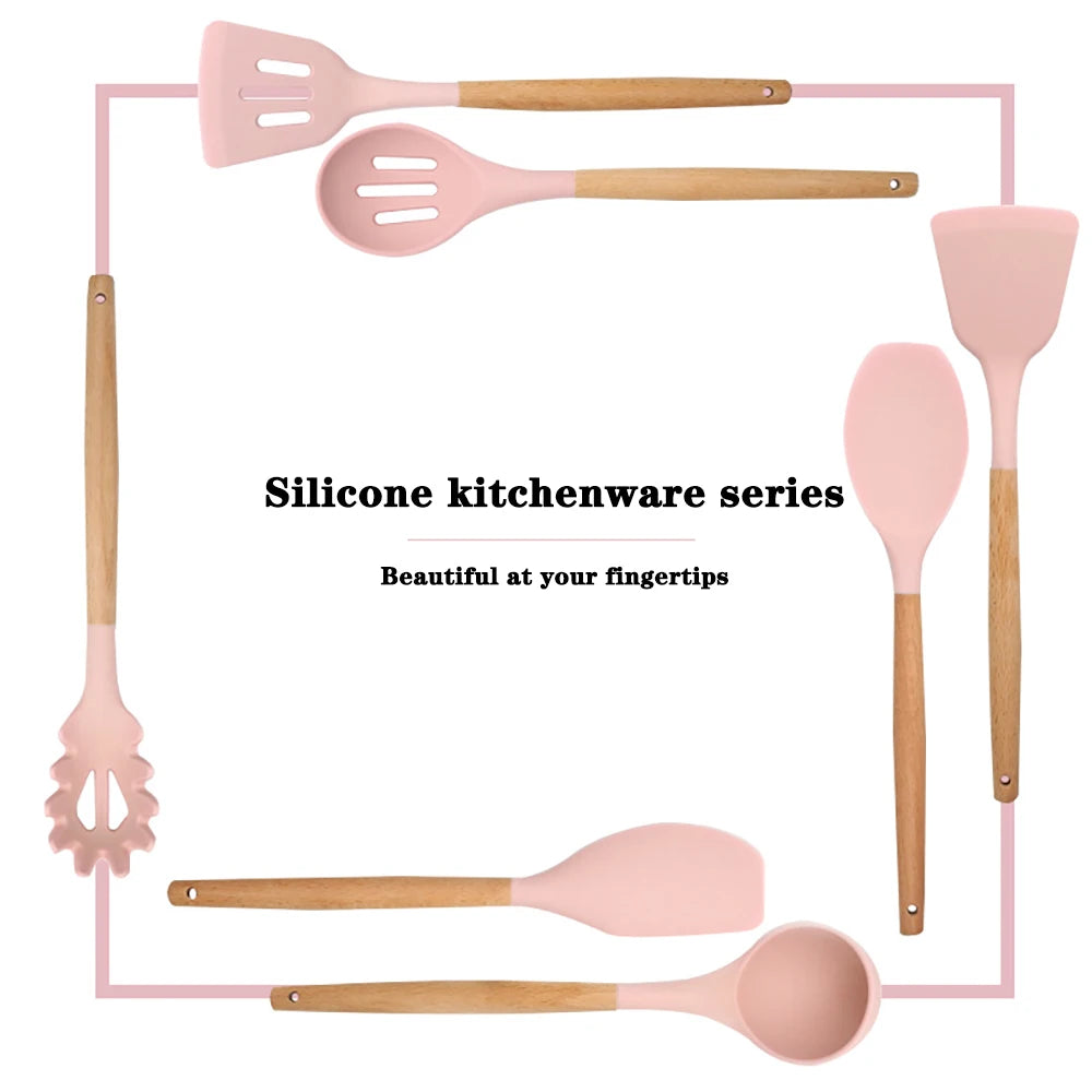 Silicone Kitchen Utensil Set With Wooden Handles Nonstick Spatulas