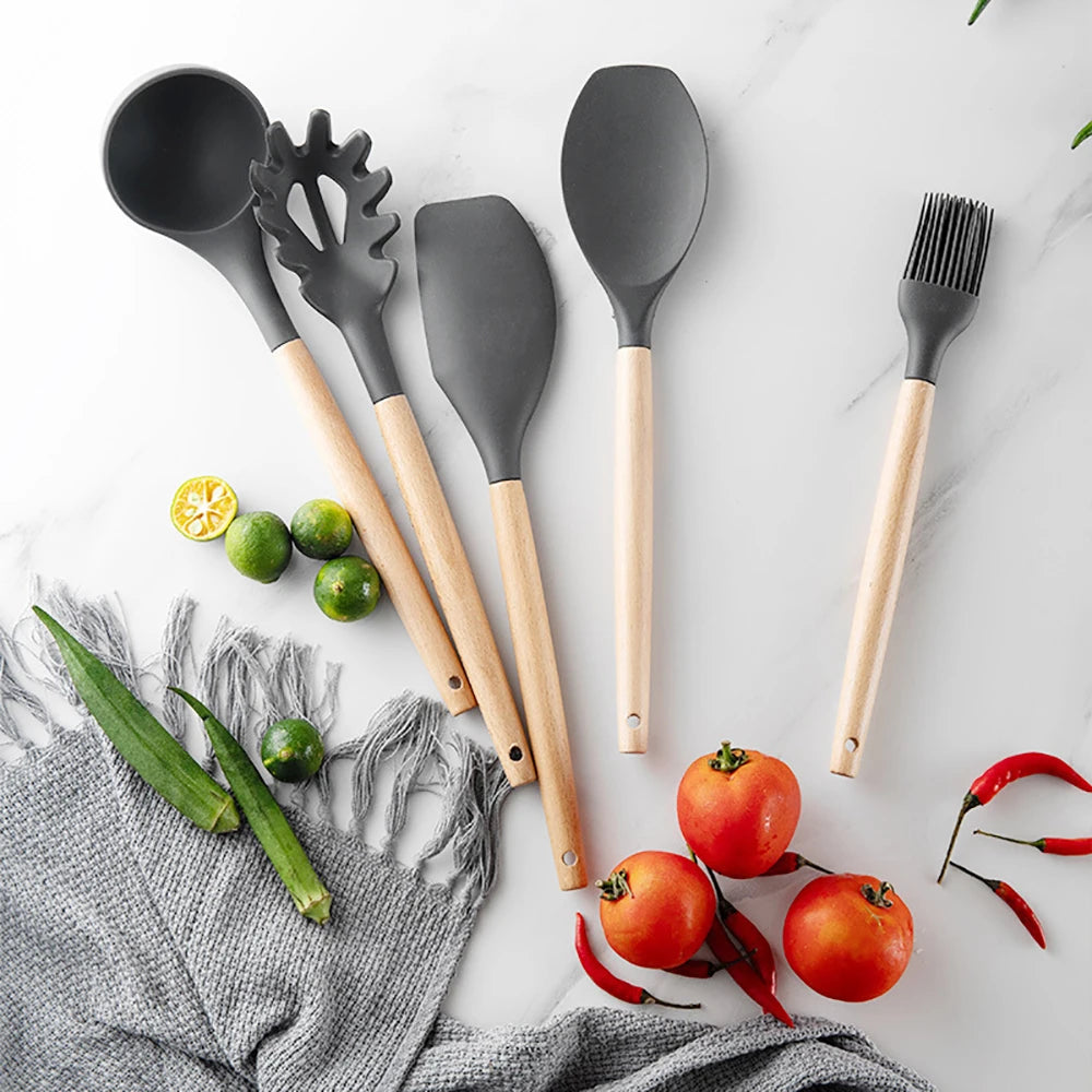 Silicone Kitchen Utensil Set With Wooden Handles Nonstick Spatulas