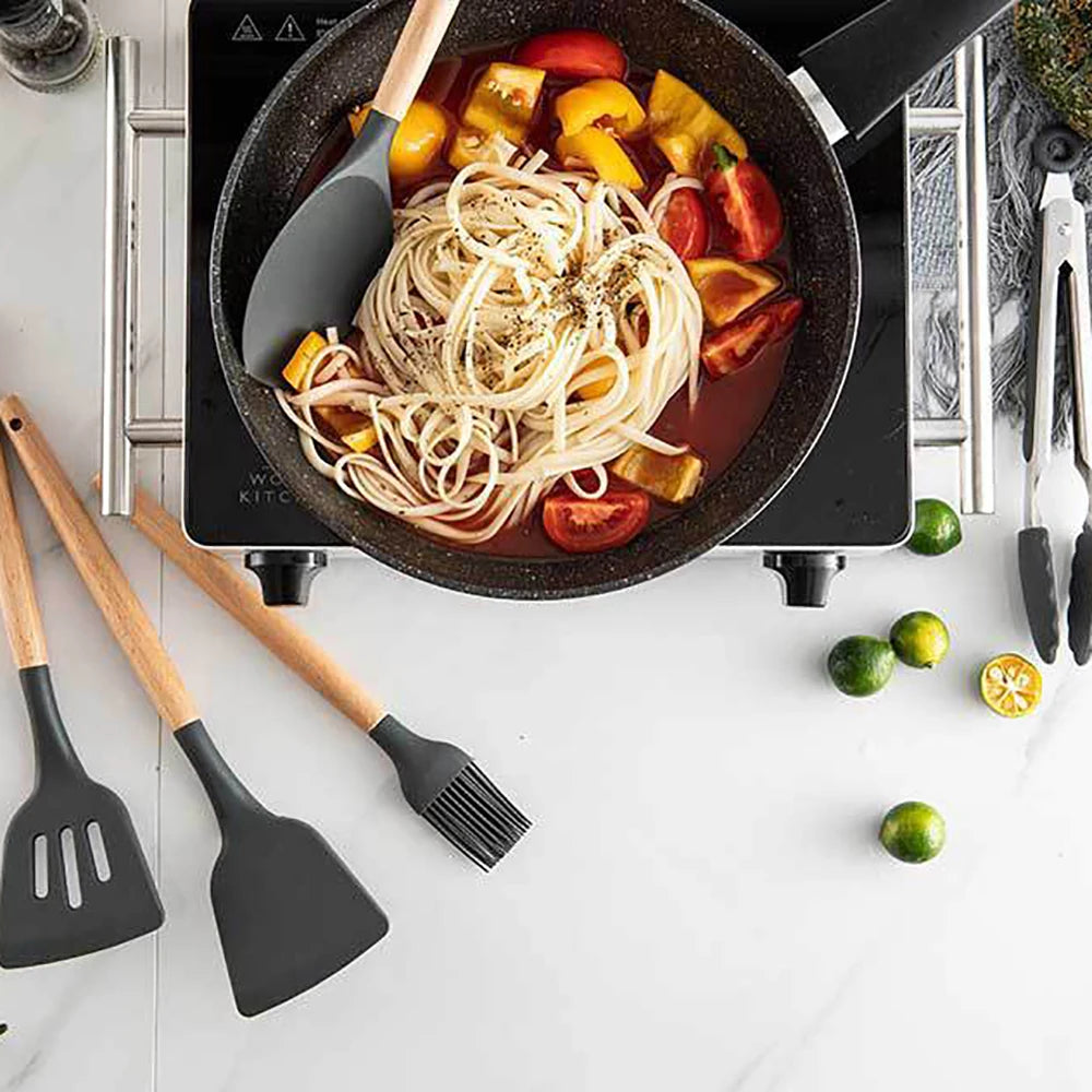 Silicone Kitchen Utensil Set With Wooden Handles Nonstick Spatulas