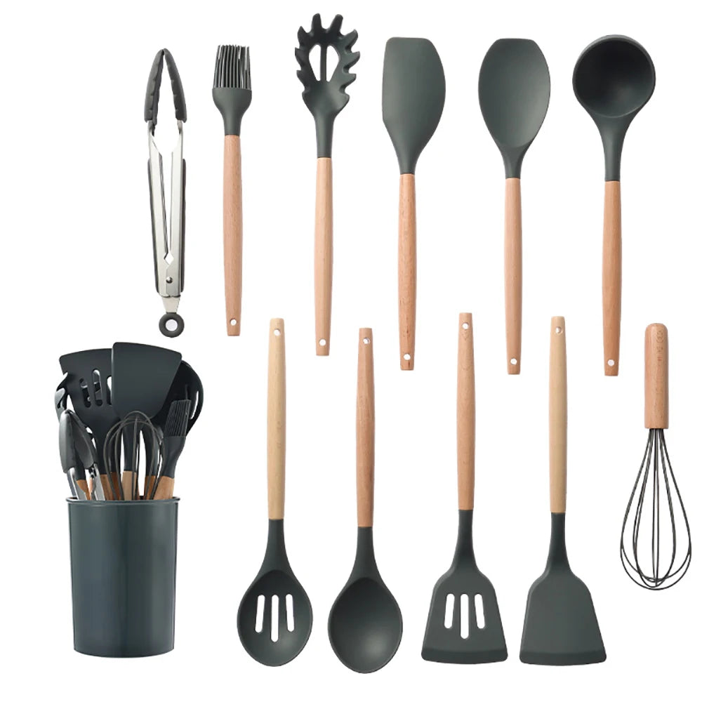 Silicone Kitchen Utensil Set With Wooden Handles Nonstick Spatulas