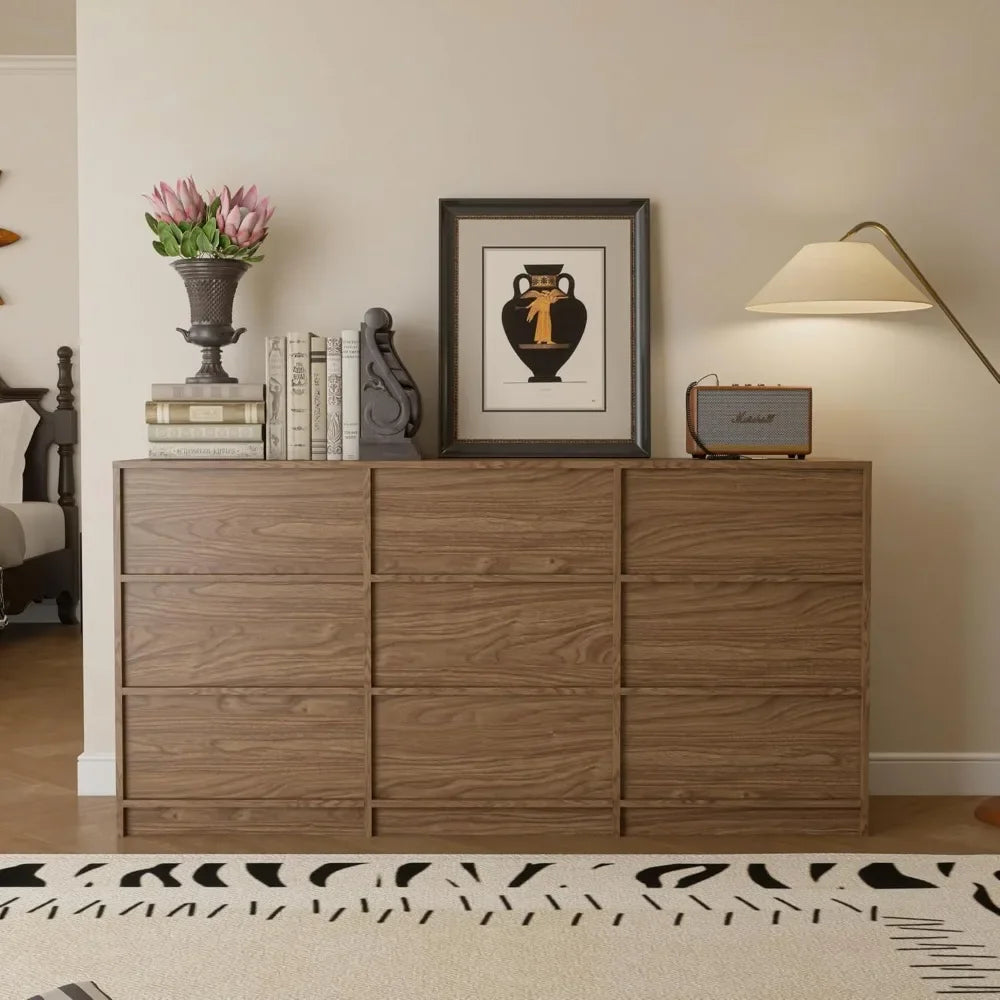 9 Drawer Walnut Dresser for Bedroom Storage and Organization