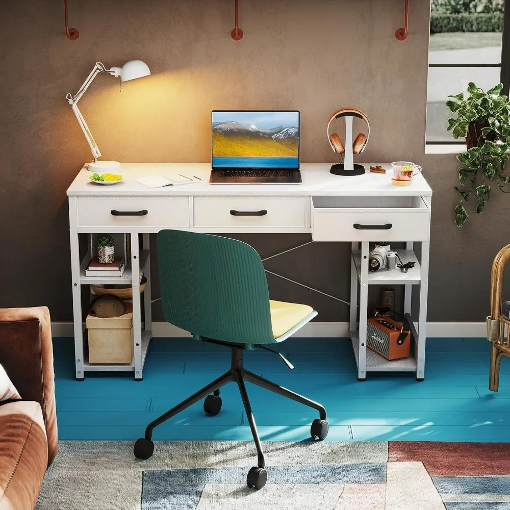 Small Office Computer Desk With Fabric Drawers And Shelves