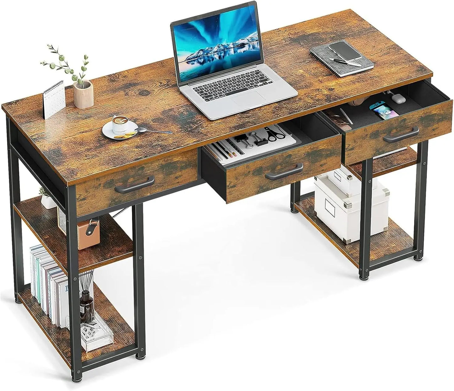 Small Office Computer Desk With Fabric Drawers And Shelves