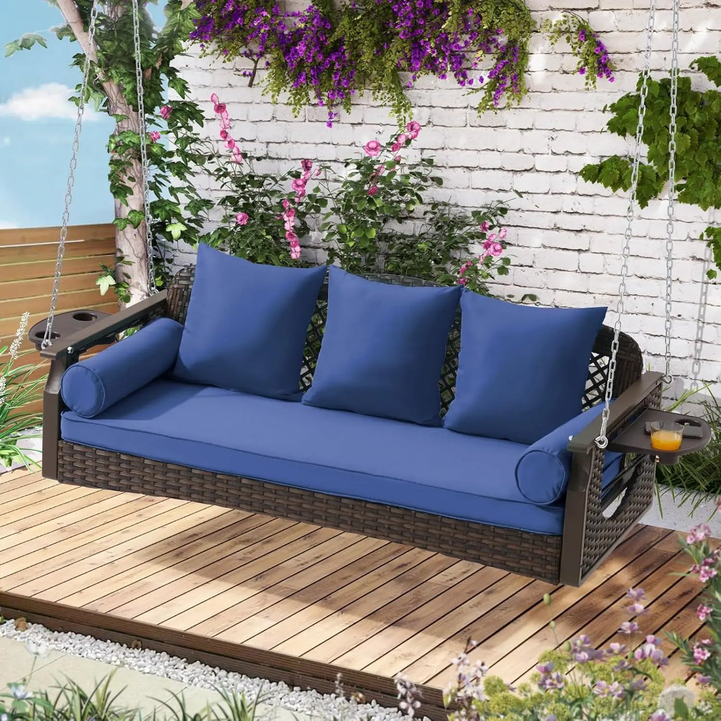 HUANZHUANG 3 Seat Porch Swing Outdoor Wicker With Cup Holders