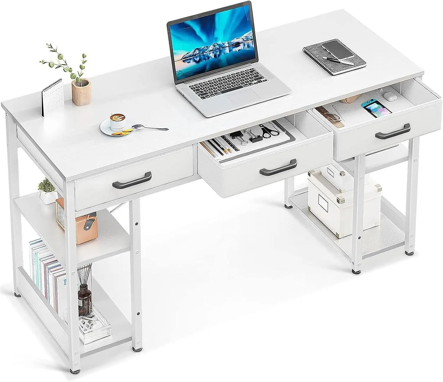 Small Office Computer Desk With Fabric Drawers And Shelves
