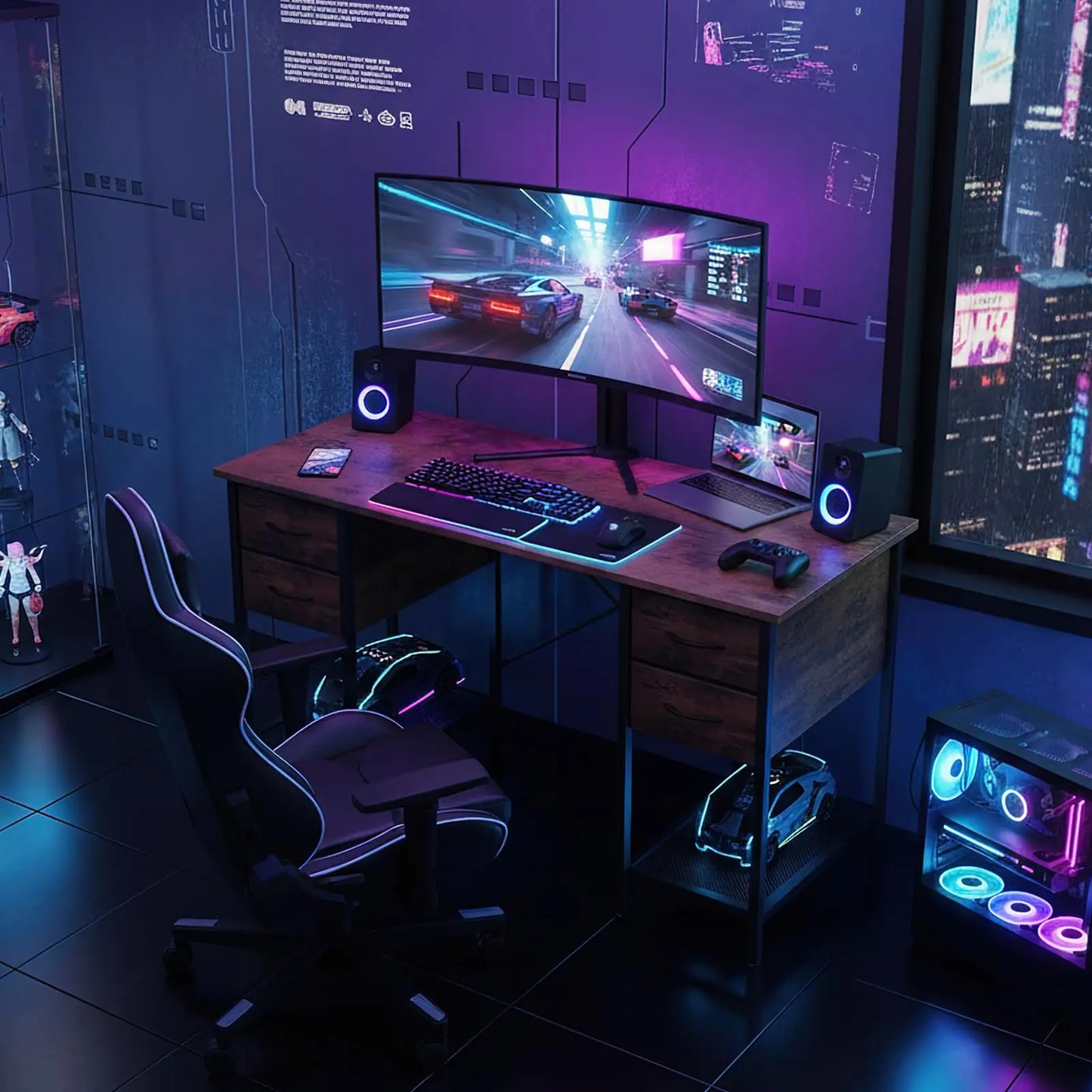 JHK Computer Desk With Four Drawers And Mesh Shelf