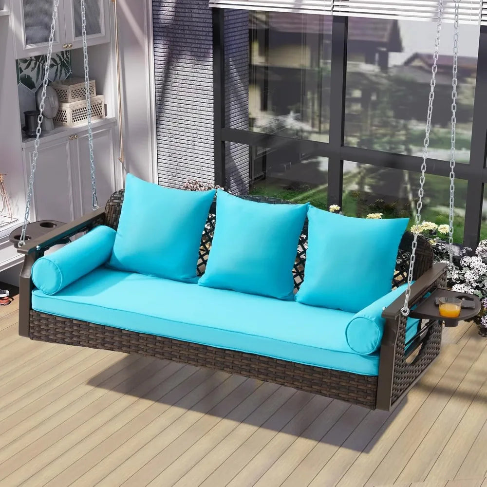 HUANZHUANG 3 Seat Porch Swing Outdoor Wicker With Cup Holders