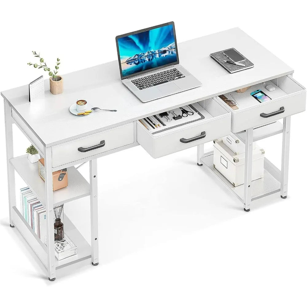 Small Office Computer Desk With Fabric Drawers And Shelves
