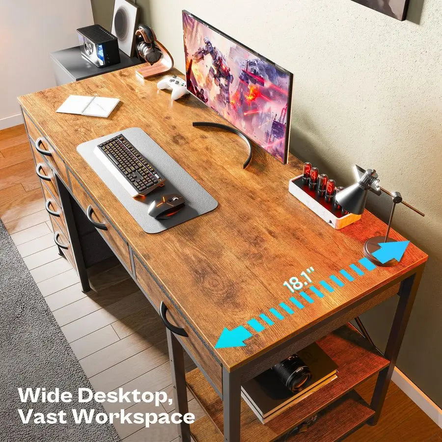 MBVM Gaming Corner Desk With 6 Drawers And Shelves For Home Office