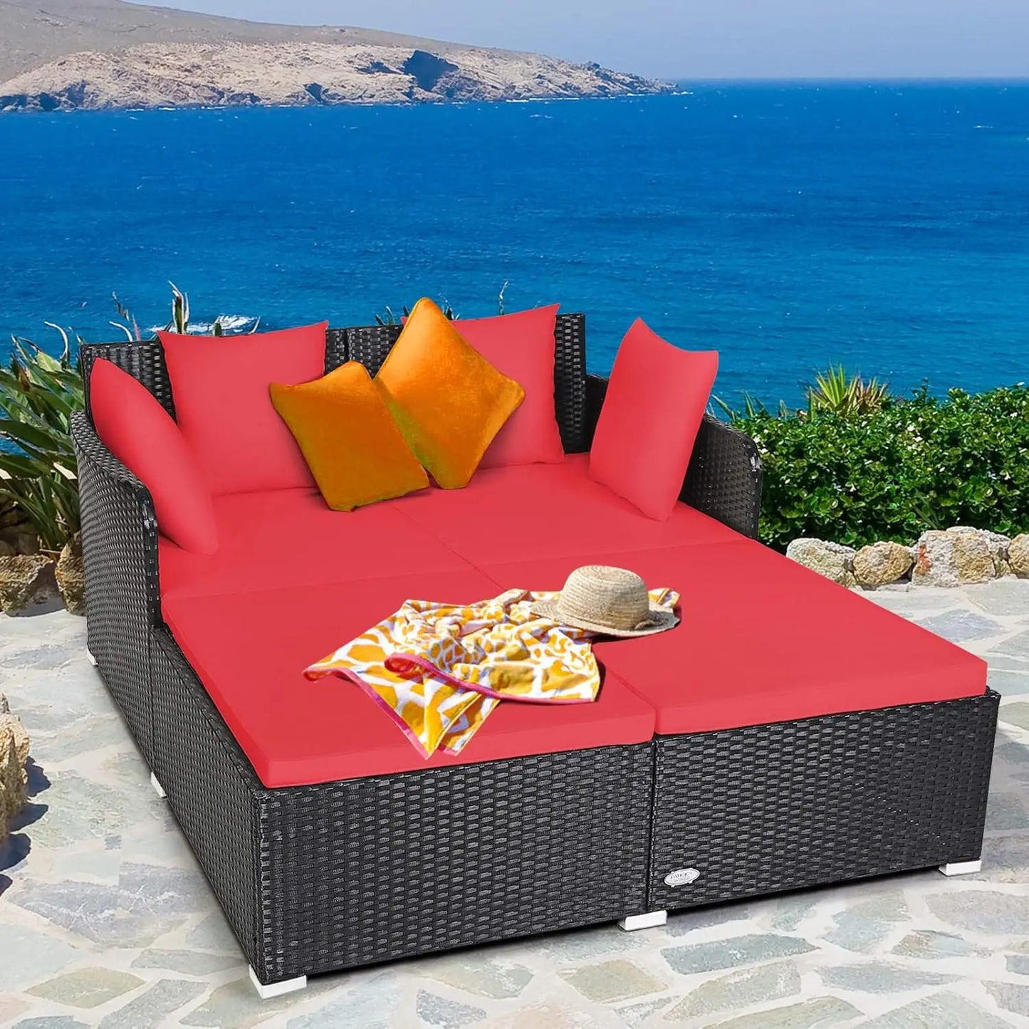 Outdoor Rattan Daybed Sunbed Wicker Furniture With Cushioned Seat