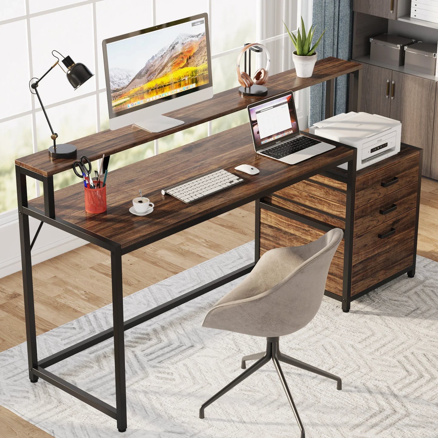 Tribesigns Computer Desk With File Drawer and Monitor Stand