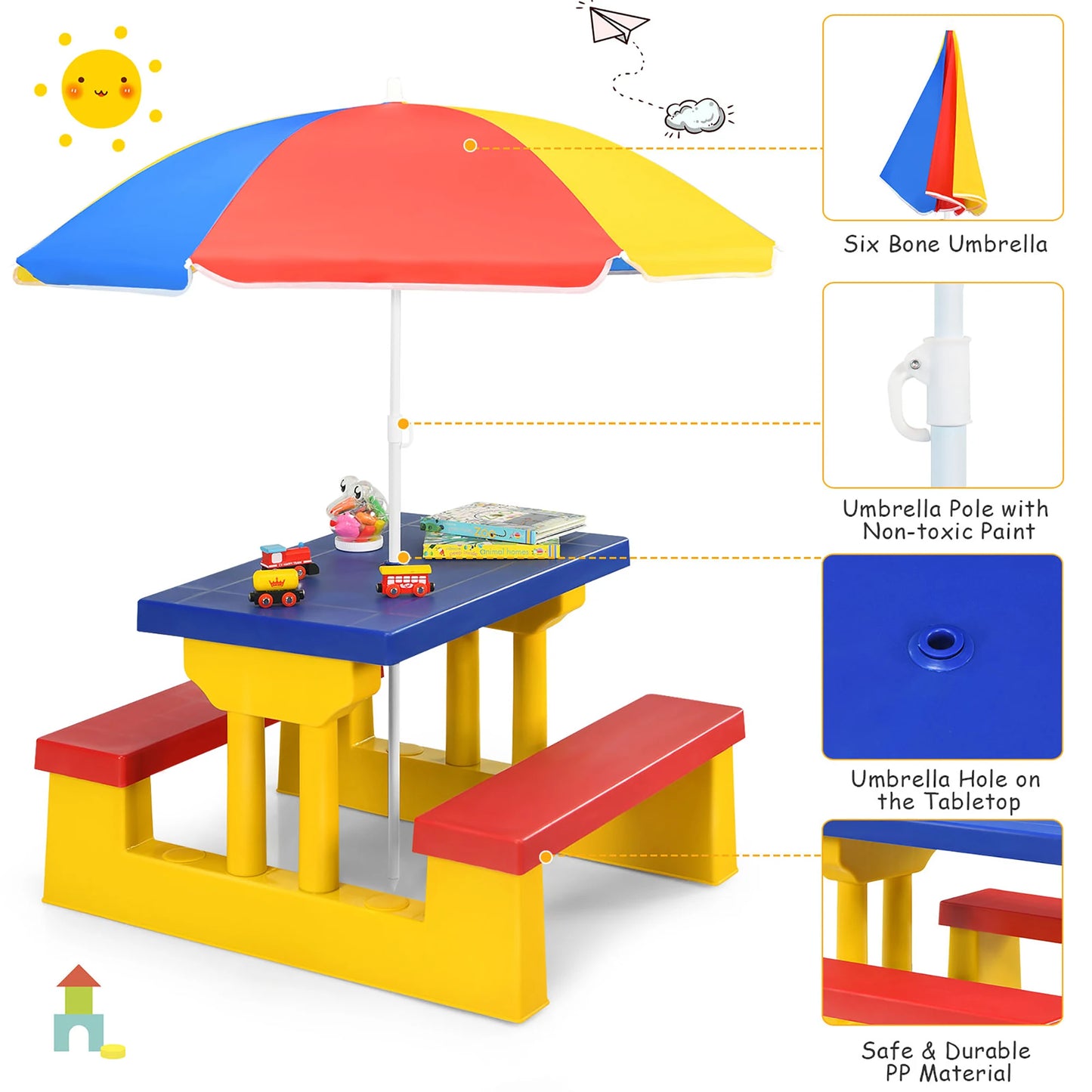 Homasishi Kids Picnic Table With Removable Umbrella Outdoor