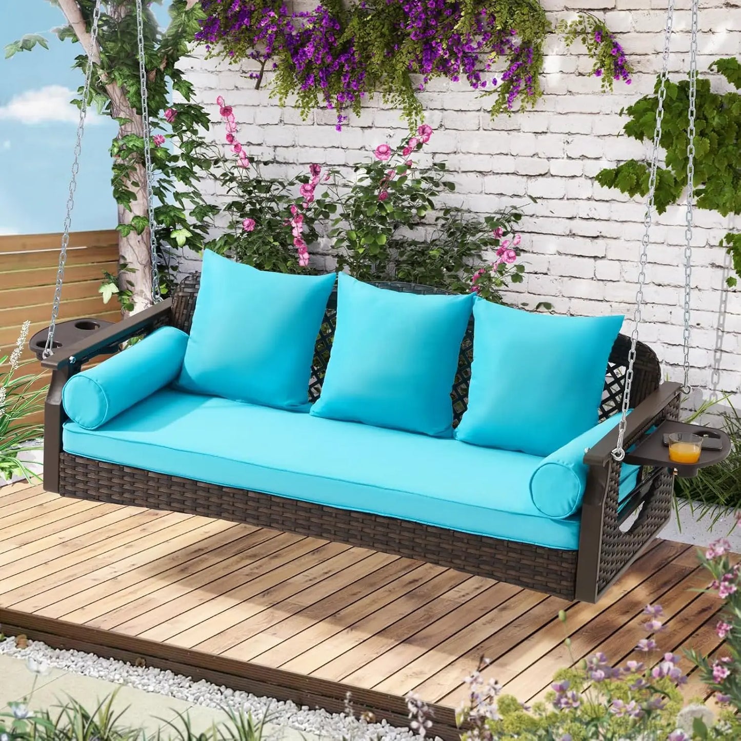 HUANZHUANG 3 Seat Porch Swing Outdoor Wicker With Cup Holders