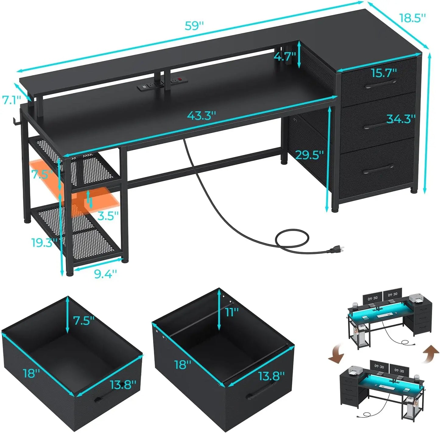 Reversible Office Desk With Drawers, LED Lights, Power Outlet
