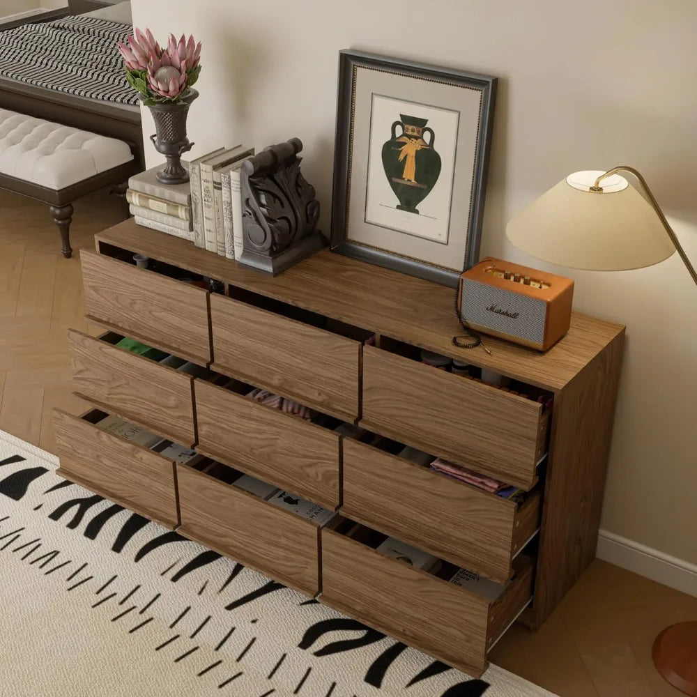 9 Drawer Walnut Dresser for Bedroom Storage and Organization
