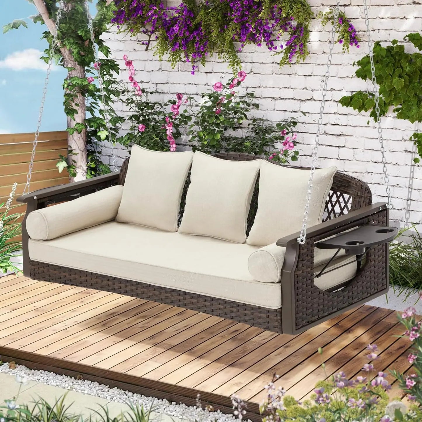 HUANZHUANG 3 Seat Porch Swing Outdoor Wicker With Cup Holders