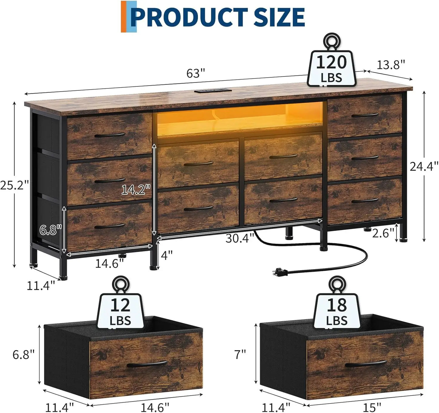 TWISTER.CK TV Stand Entertainment Center With 10 Drawers Power Outlets And LED