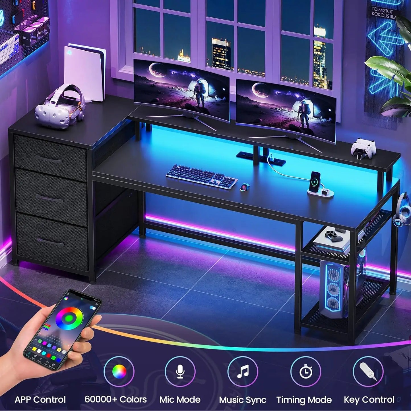 Reversible Office Desk With Drawers, LED Lights, Power Outlet