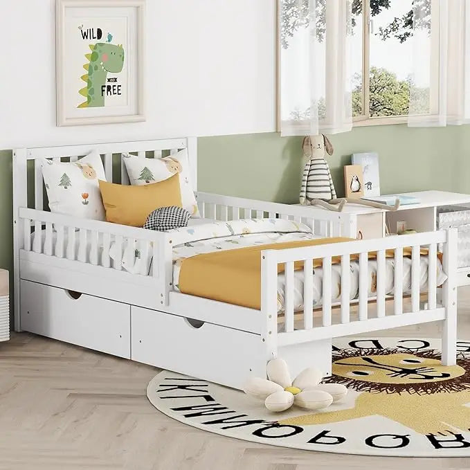 Kids Twin Bed With Guardrails And Drawers Pine Wood Frame
