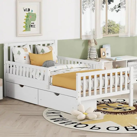 Kids Twin Bed With Guardrails And Drawers Pine Wood Frame