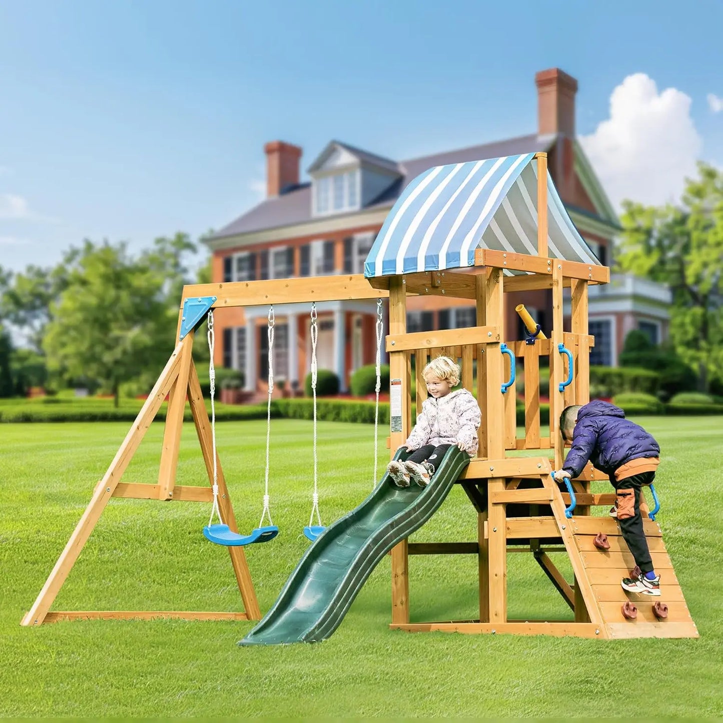 Rolife Robud Wooden Swing Set With Dual Swings And Slide
