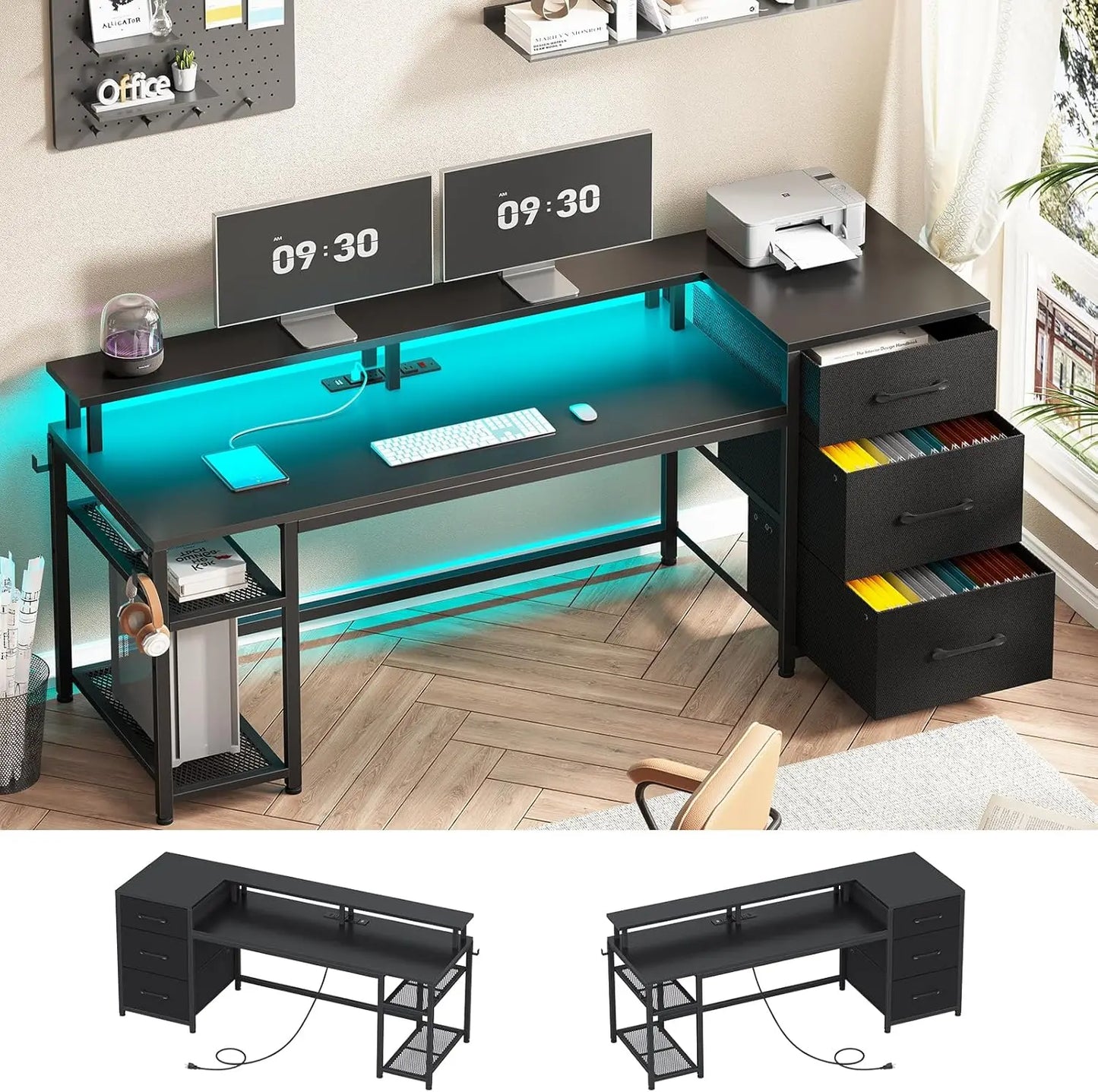 Reversible Office Desk With Drawers, LED Lights, Power Outlet