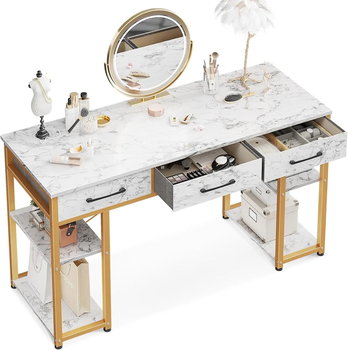 Small Office Computer Desk With Fabric Drawers And Shelves