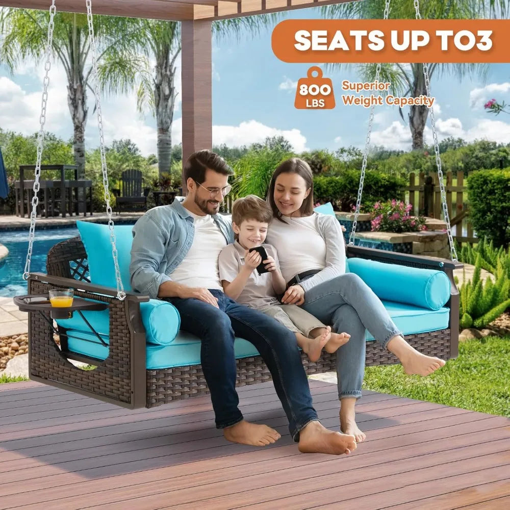 HUANZHUANG 3 Seat Porch Swing Outdoor Wicker With Cup Holders