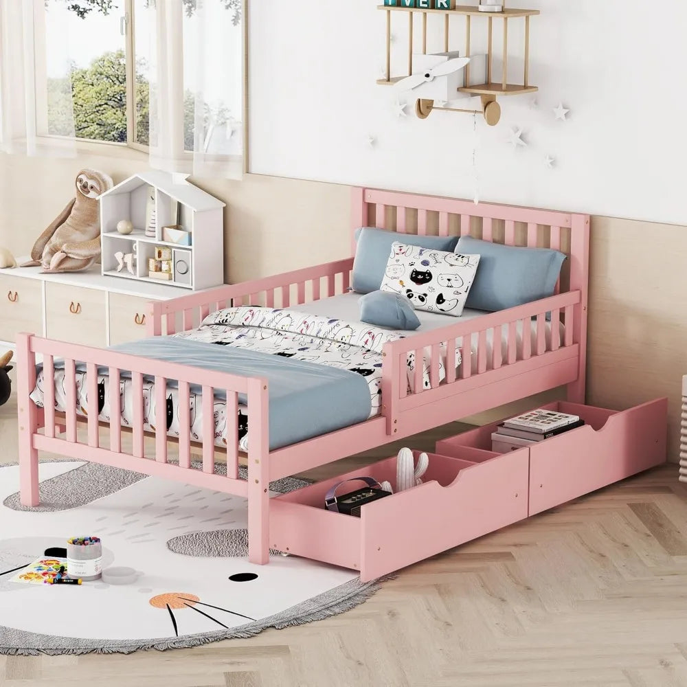 Kids Twin Bed With Guardrails And Drawers Pine Wood Frame