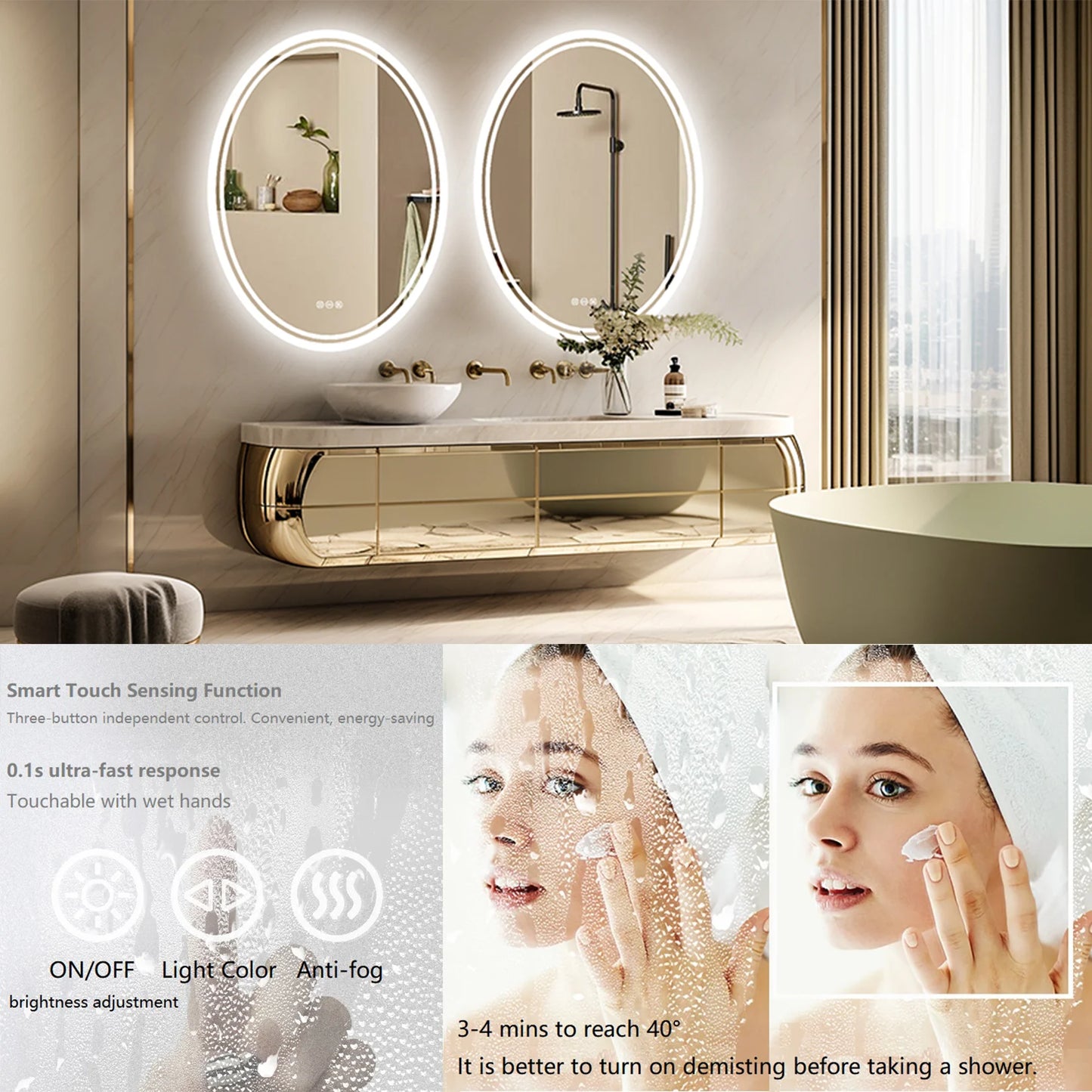 Wisfor LED Backlit Oval Vanity Mirror Wall-Mounted Anti-Fog