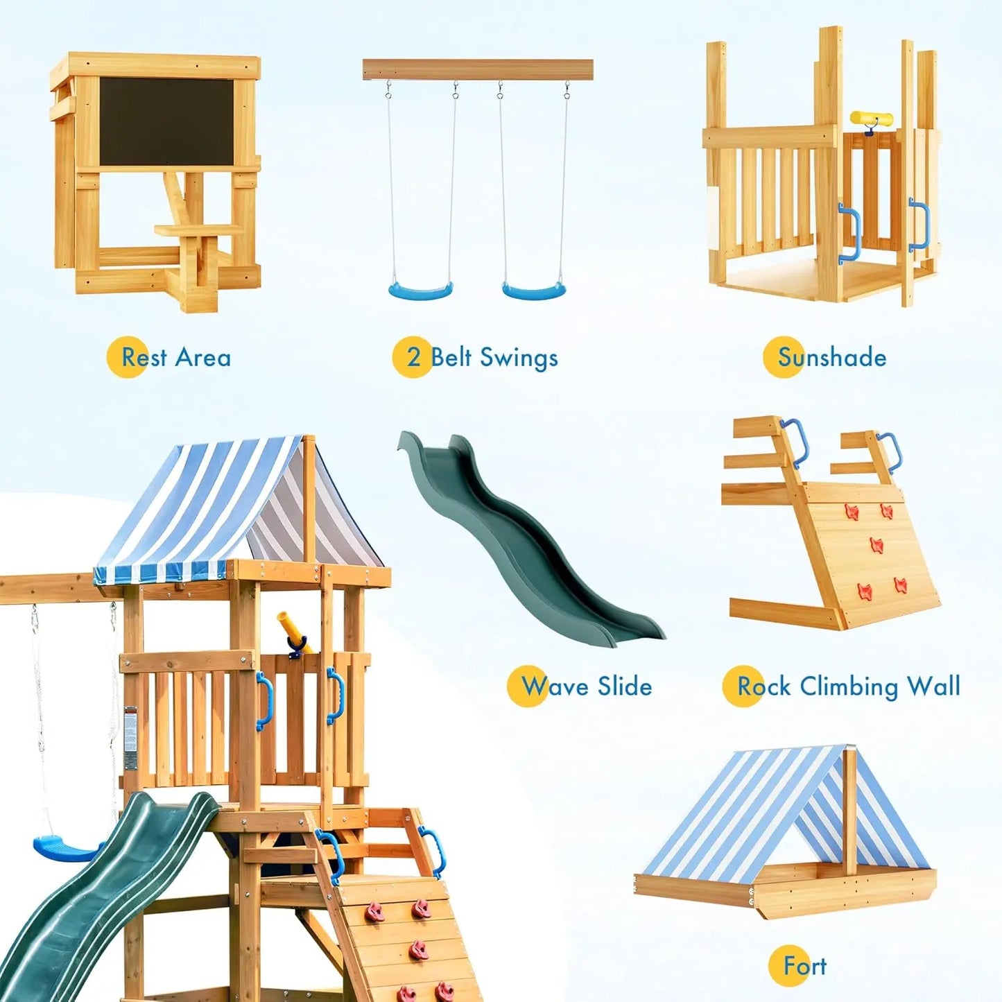 Rolife Wooden Swing Set With Dual Swings Climbing Wall Fort