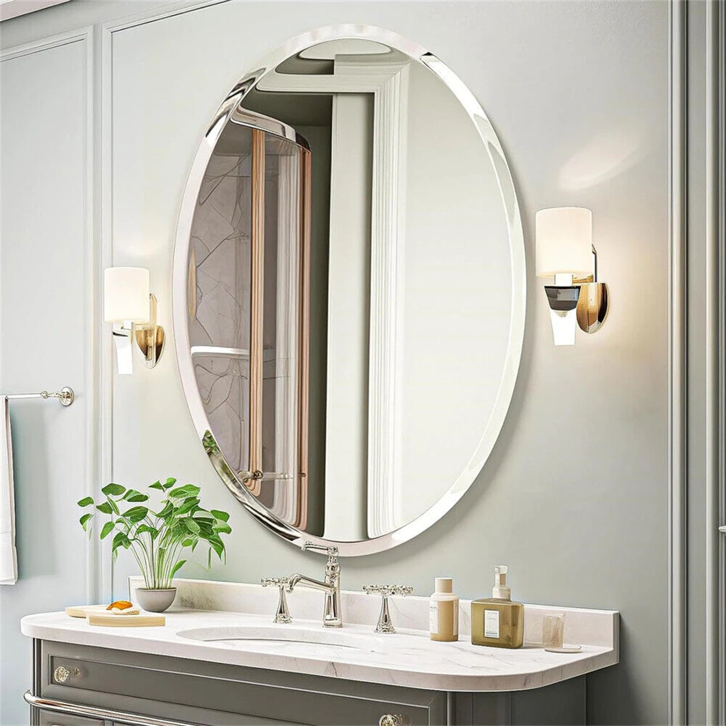BORWART Frameless Oval Vanity Mirror With Beveled Silver Edge