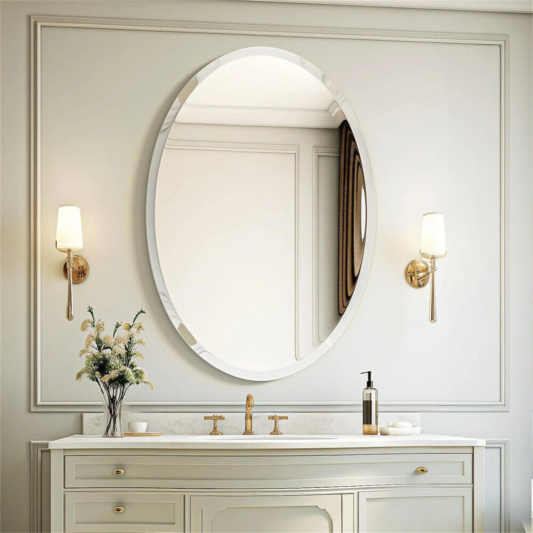 BORWART Frameless Oval Vanity Mirror With Beveled Silver Edge