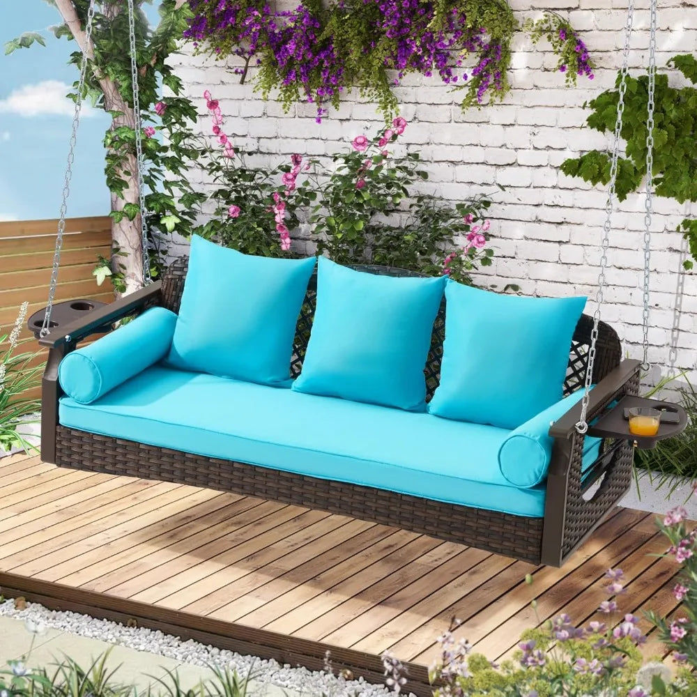 HUANZHUANG 3 Seat Porch Swing Outdoor Wicker With Cup Holders