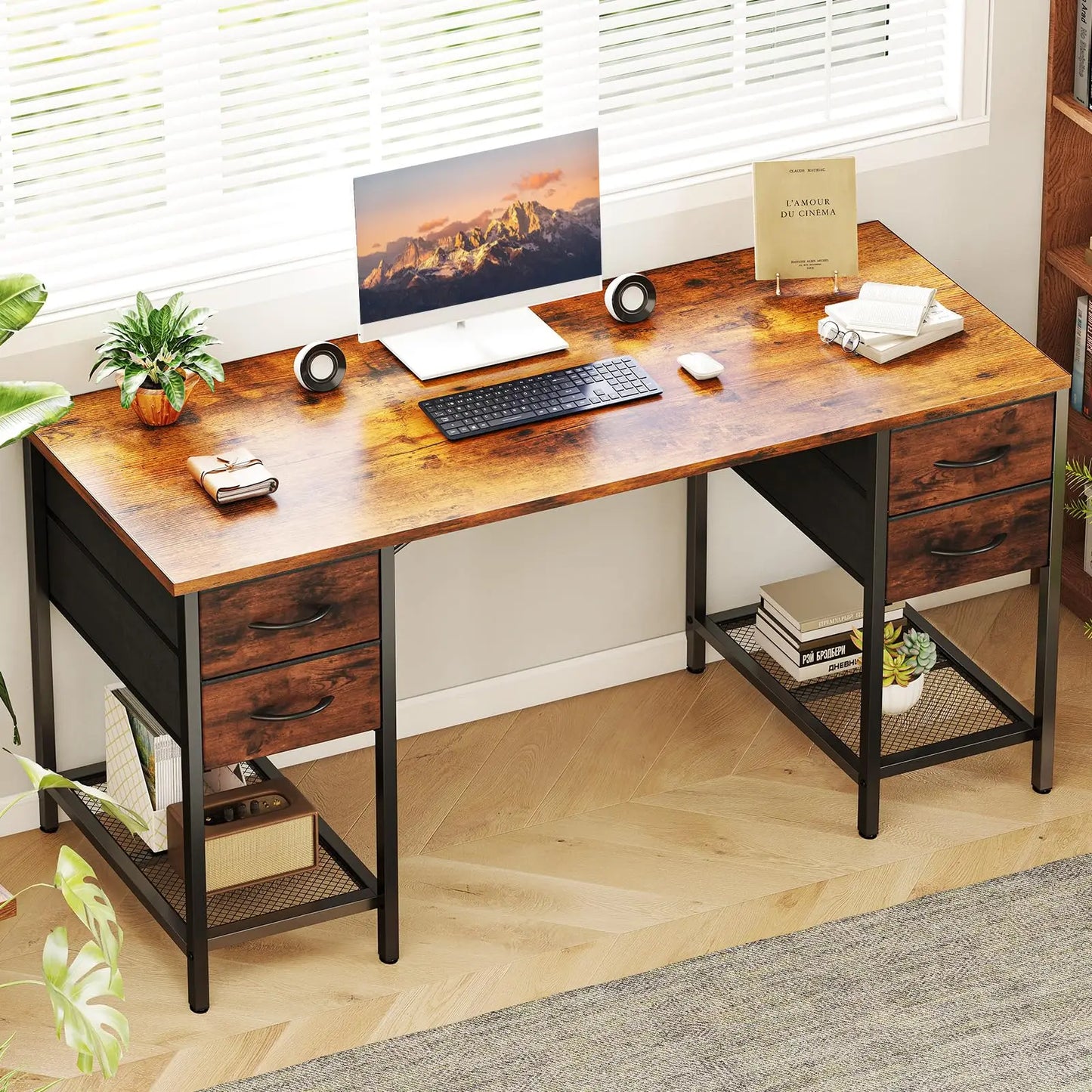 JHK Computer Desk With Four Drawers And Mesh Shelf