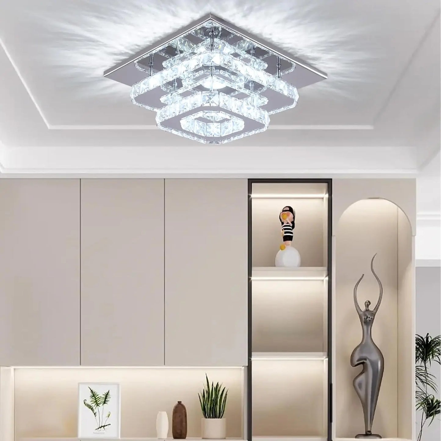 FRIXCHUR Crystal Flush Mount LED Ceiling Light K9 Crystal Mirror Base