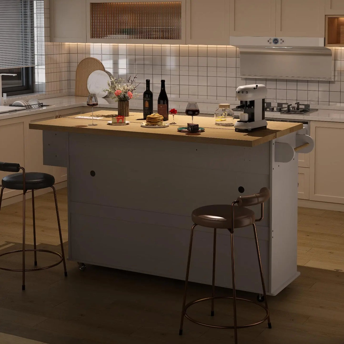 ONBRILL Mobile Kitchen Island With Power Outlet Towel Rack