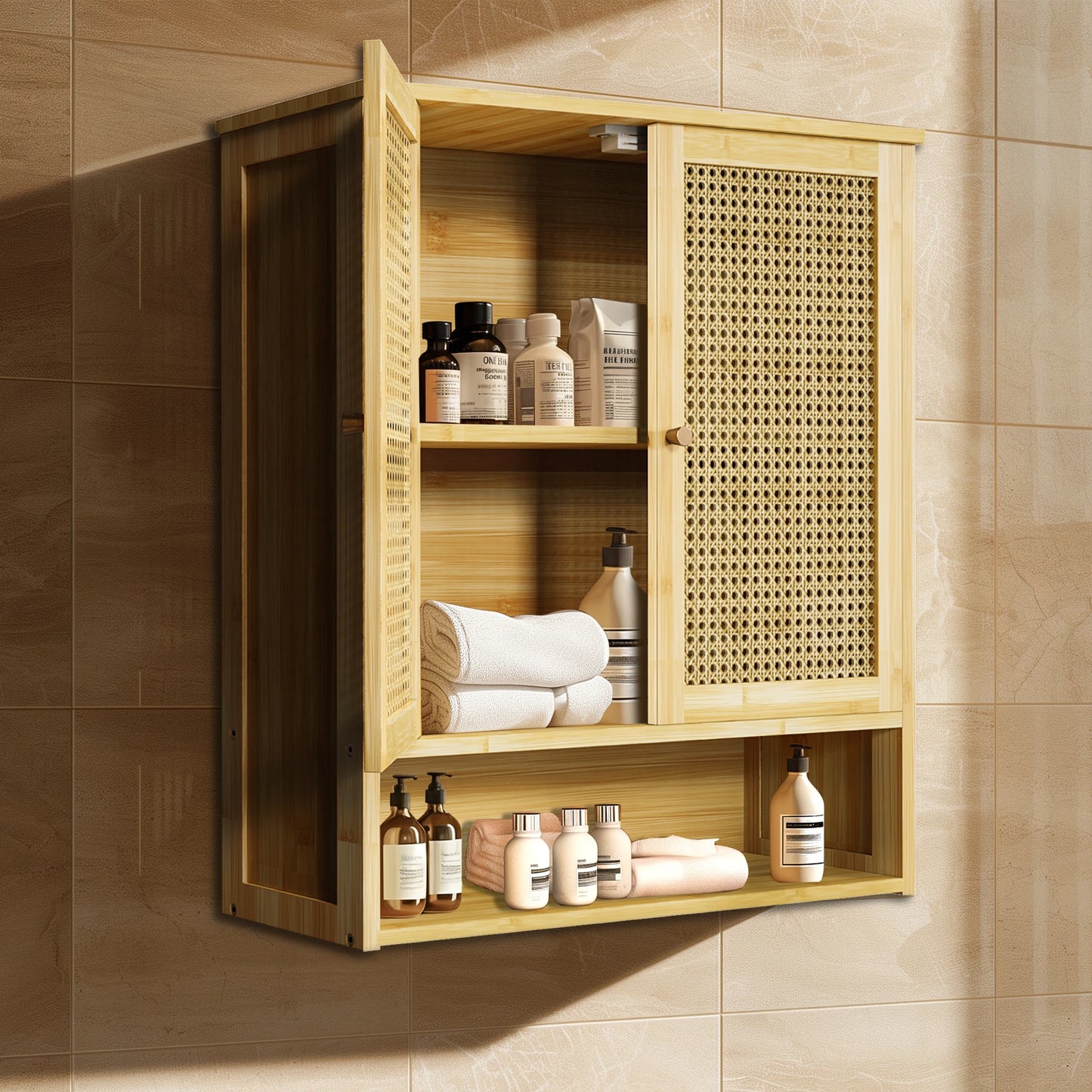 Bamboo Solid Wood Bathroom Medicine Cabinet Two Door Wall Cabinet