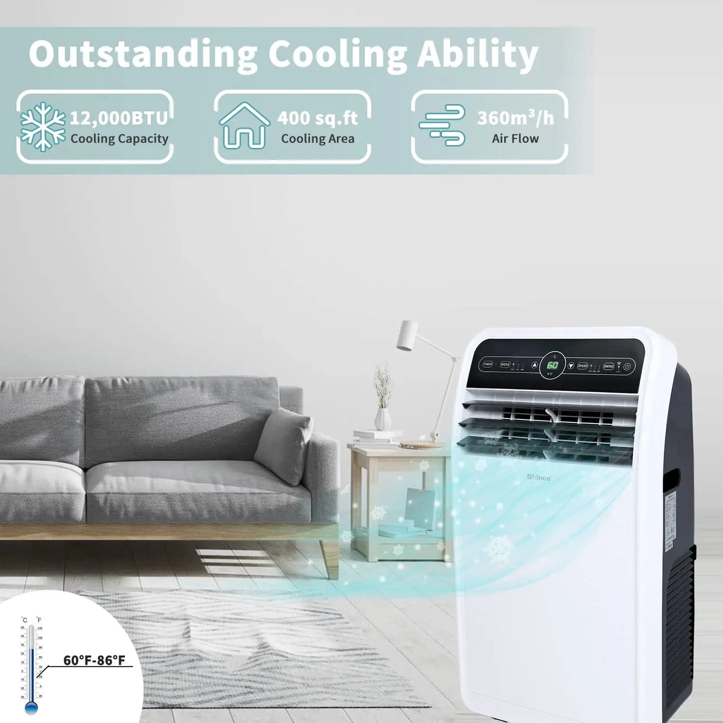 Shinco 12000 BTU Smart WiFi Portable Air Conditioner With Built In Dehumidifier