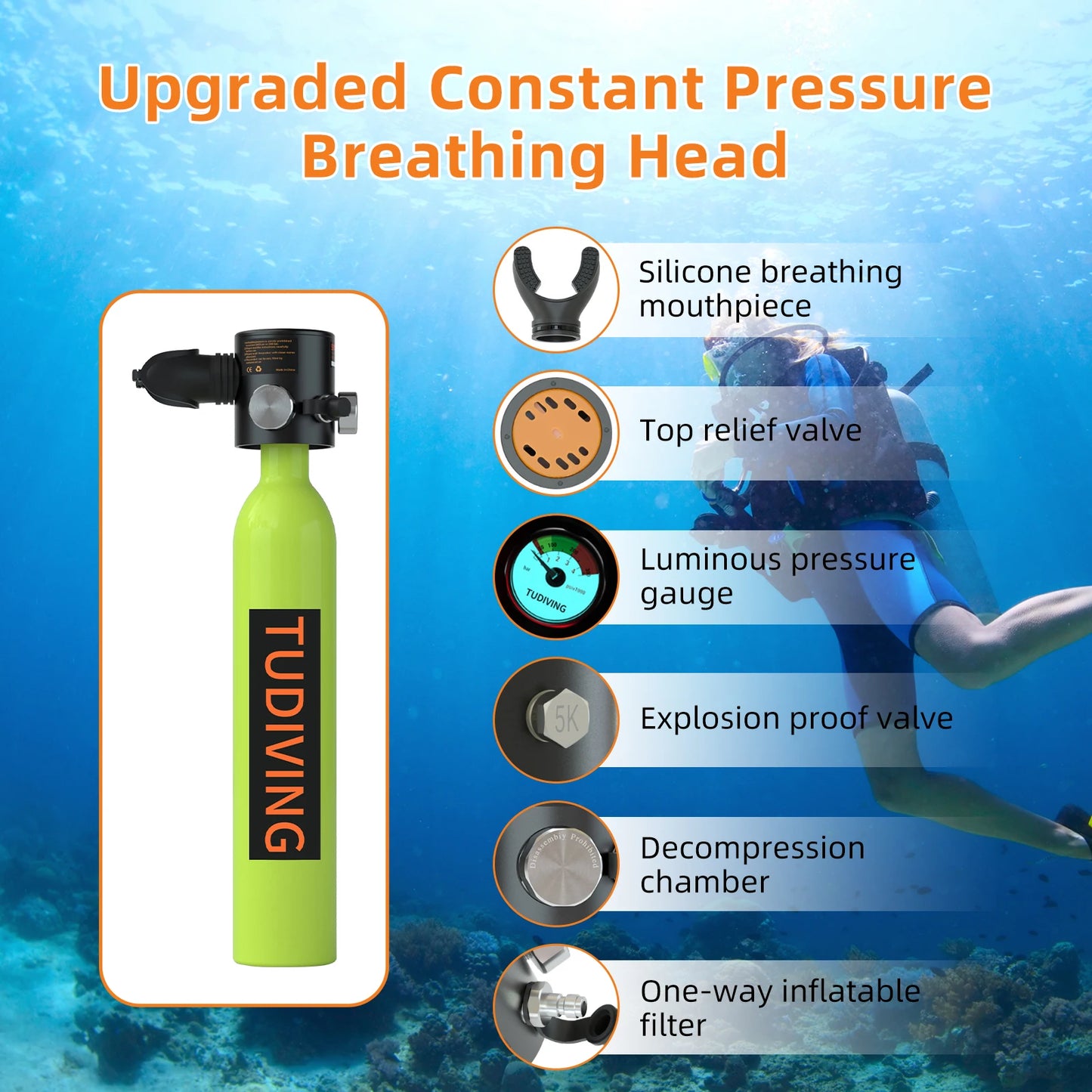TUDIVING Mini Scuba Tank Set With Full Face Snorkel Mask