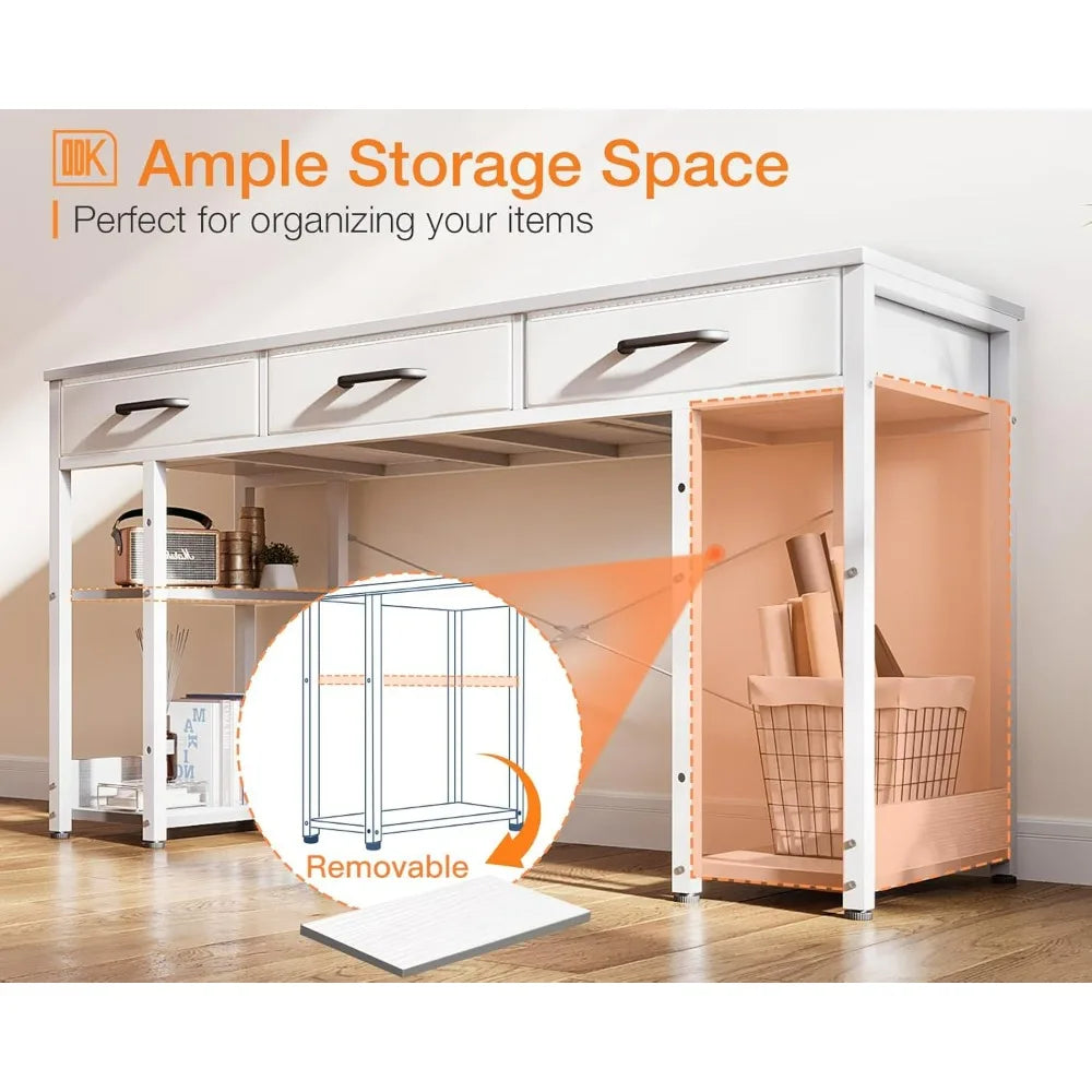 Small Office Computer Desk With Fabric Drawers And Shelves