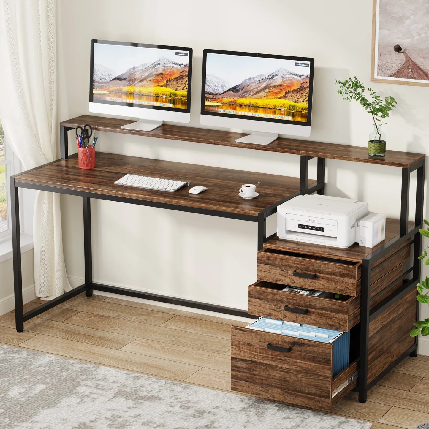 Tribesigns Computer Desk With File Drawer and Monitor Stand