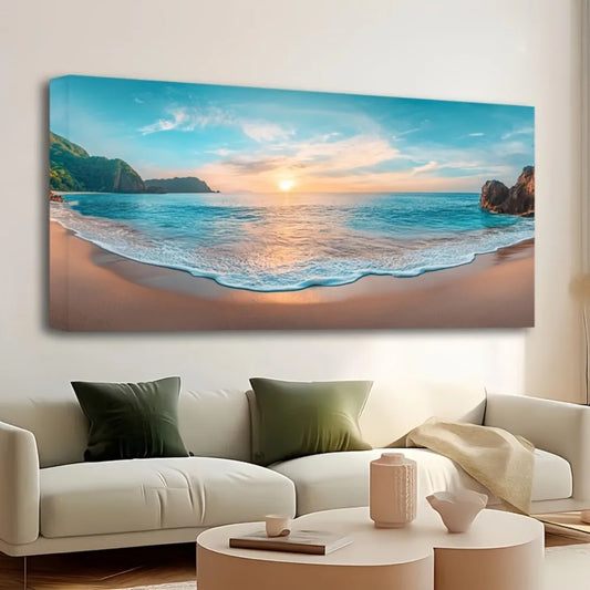 Canvas Wall Art Pine Wood Frame Beach Sunset Waves Decor